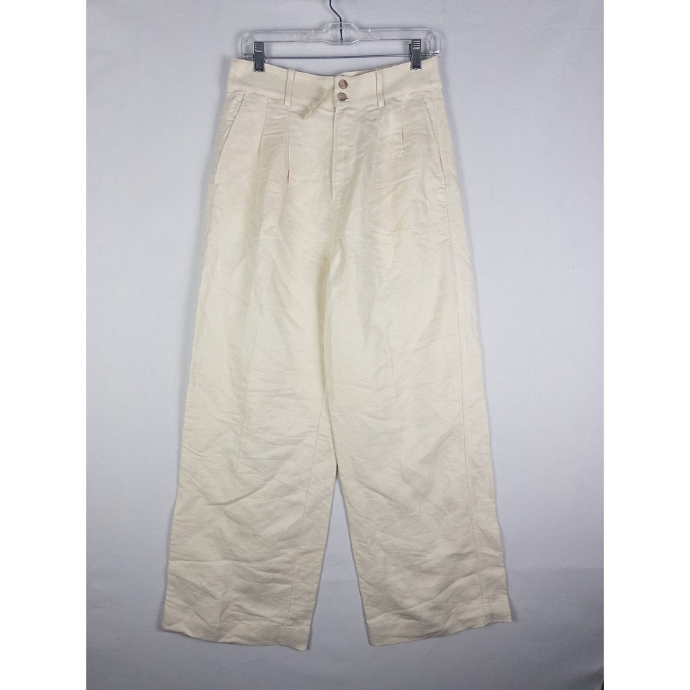 Madewell Linen Wide Leg Trouser Pants Womens 4 Ivory Pleated High Rise Coastal